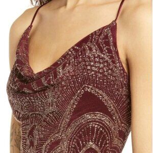 Burgundy Glitter Evening Dress Short Cowl Neck – Size 7/8